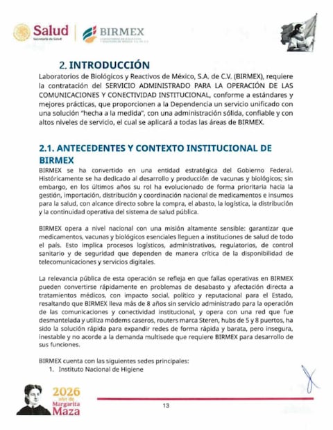 En la licitación, BIrmex acepta que su actual red de telecomunicaciones es insegura, inestable y no acorde con las necesidades.