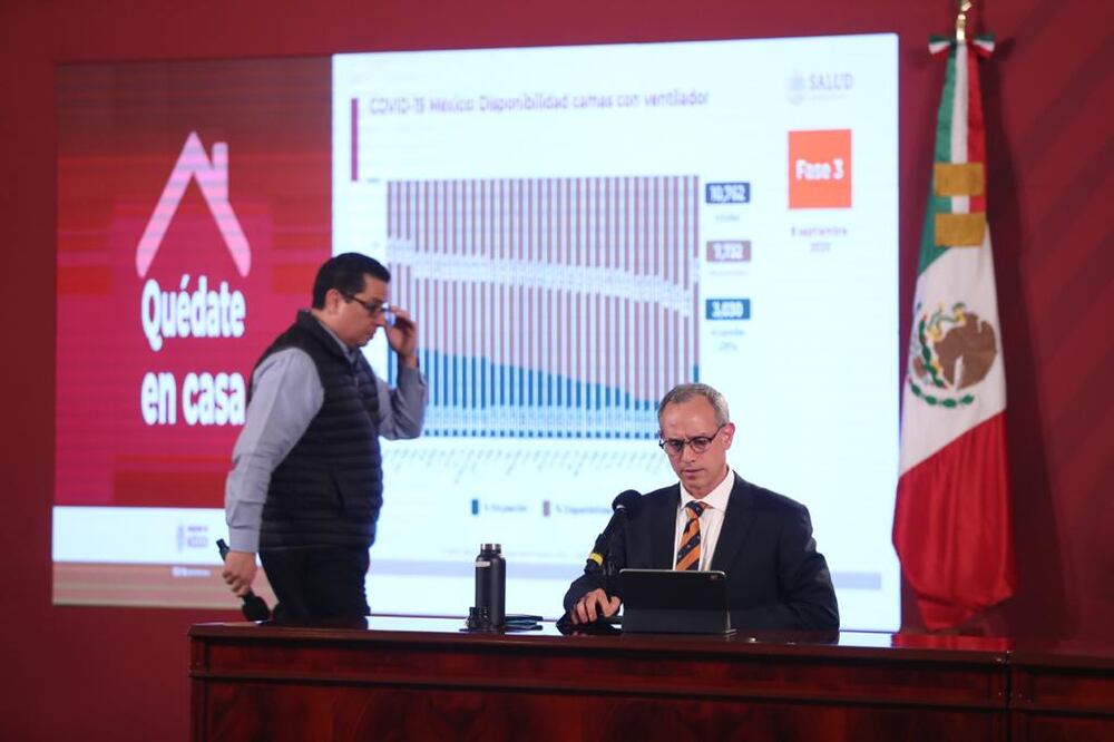 Conferencia sobre Covid-19 en México, en el Salón Tesorería, con Hugo López-Gatell y José Luis Alomía. Foto: Valente Rosas