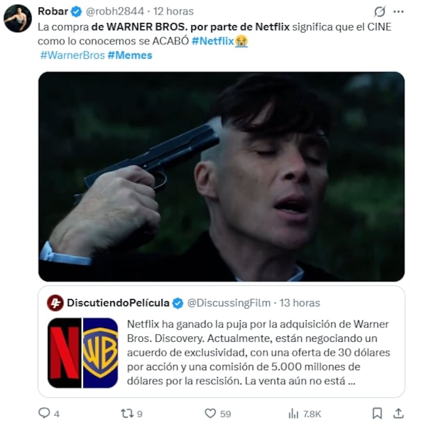 Los mejores memes de la compra de Warner Bros Discovery por parte de Netflix; así reaccionaron en X. Fuente: X