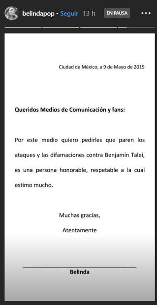 Belinda pide parar los ataques contra su ex