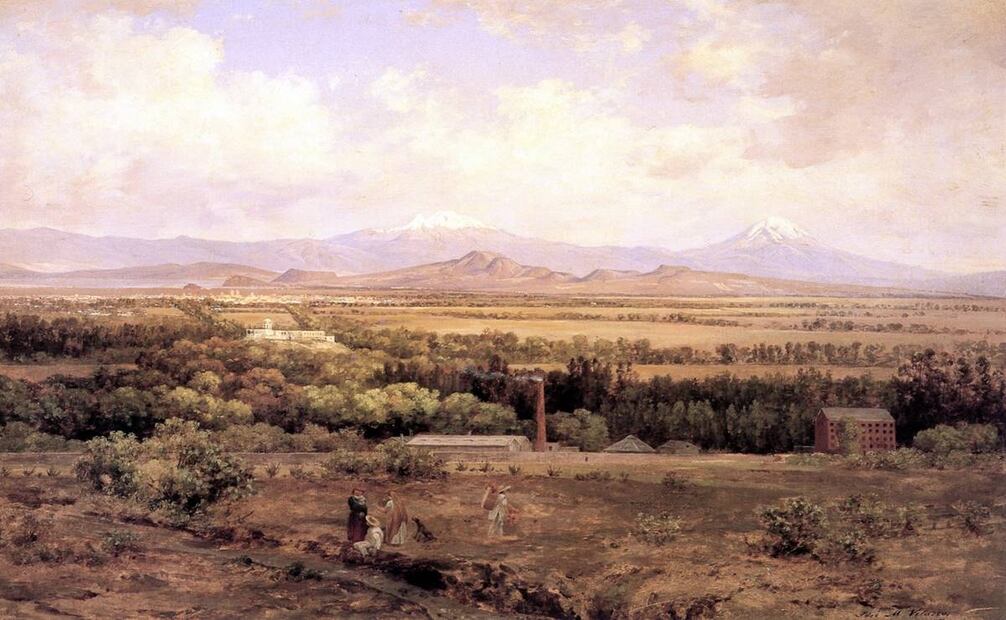Pintura de José María Velasco, titulada "Valle de México desde el Molino del Rey", de 1898, y que retrata la zona del actual Centro Cultural Los Pinos. Destacan el edificio del Molino del Rey (der.) con paredes rojizas y el castillo de Chapultepec (izq.) en paredes blancas. Imagen: Emiliano Bautista Neumann.