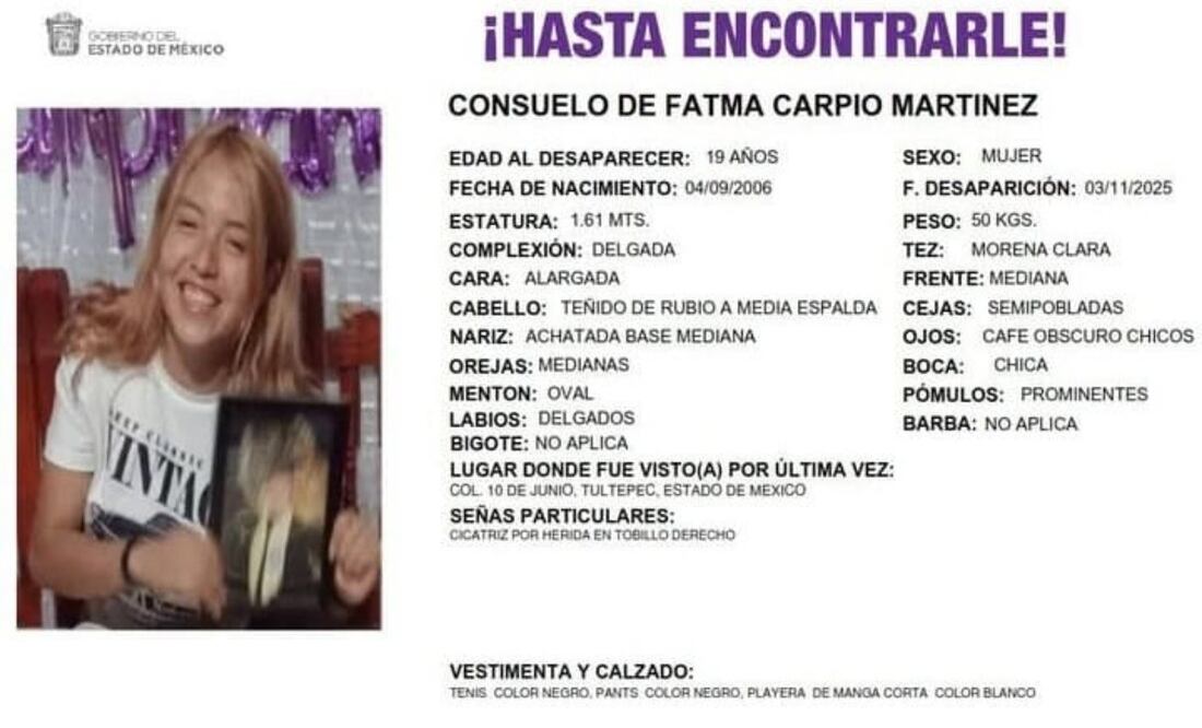 Fátima Carpio salió de su casa ubicada en la colonia 10 de junio para ir a trabajar, sin embargo, no llegó a la Central de Abastos de Tultitlán
Foto: Especial.