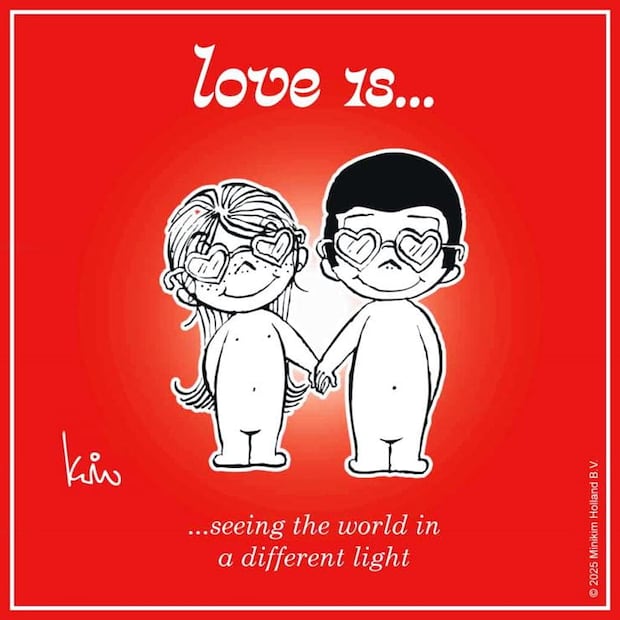 Caricatura de Love Is… para Facebook; estas viñetas se mantienen en redes sociales a más de 50 años de su publicación. El hijo mayor del matrimonio Casali, Stefano, es el encargado de la marca MiniKim. Foto: ESPECIAL/Facebook Love Is.