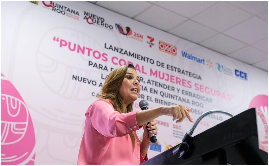 Mara Lezama durante el lanzamiento de estrategia “Puntos Coral-Mujeres Seguras” en Quintana Roo (26/11/2024). Foto: X (@MaraLezama)