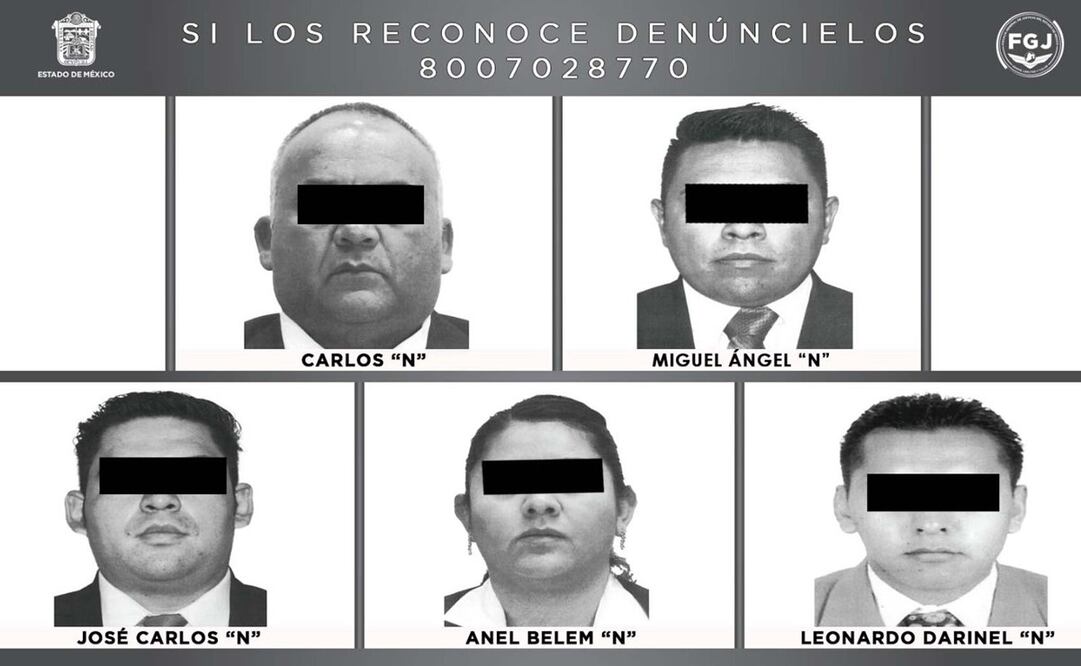 Carlos “N”, Miguel Ángel “N”, José Carlos “N” y Anel Belem “N”, son los cuatro expolicías de investigación aprehendidos por la FGJEM. Además, junto con ellos fue detenido un civil, identificado como Leonardo Darinel “N”, quien delinquía con los PDI. Foto: FGJ