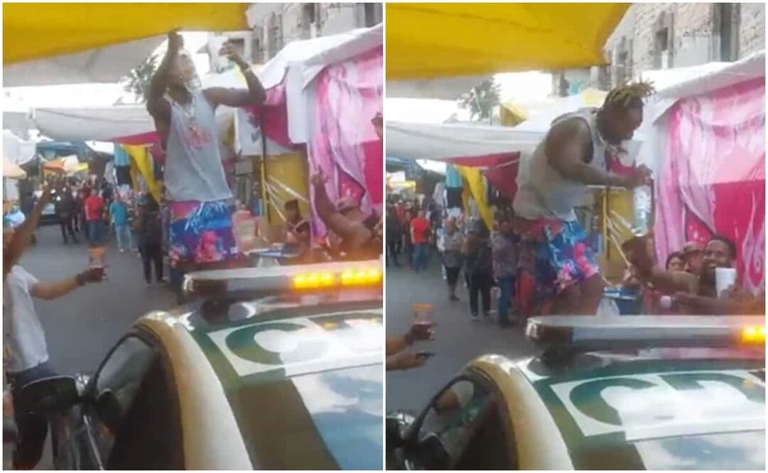 Otras personas en aparente estado de ebriedad incitan al joven a que disfrute el baile. Foto: Tomada de video