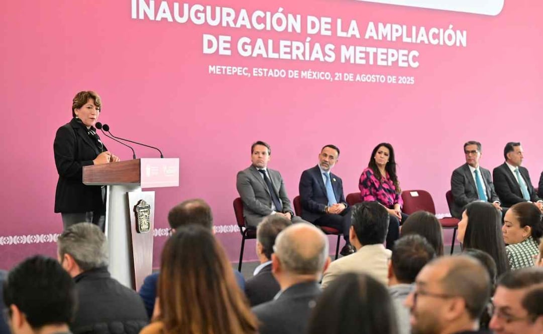 Gobernadora del Edomex, Delfina Gómez, en la inauguración de la ampliación de Galerías Metepec este 21 de agosto de 2025. [Foto: Especial]
