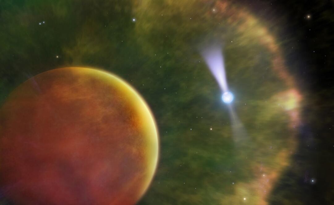 El pulsar PSR B1957+20 se ve a través del gas que desprende una enana marrón. Foto: Dr. Mark A. Garlick; Dunlap Institute for Astronomy & Astrophysics, University of Toronto