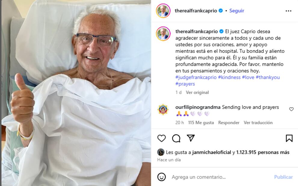 El ex magistrado, Frank Caprio, agradeció las oraciones de sus seguidores en una publicación de Instagram. Foto: Captura de pantalla