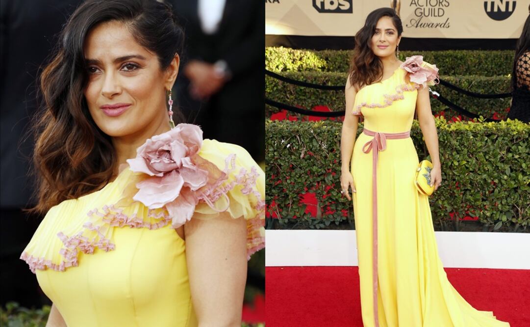 Salma Hayek llegó a la ceremonia  con un vestido Gucci amarillo  FOTO:EFE
