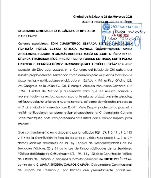 Diputados de Morena en Chihuahua presentan solicitud de juicio político contra Maru Campos (26/05/2026). Foto: Especial