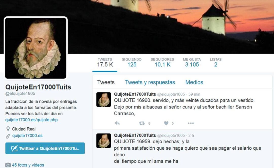 El proyecto es autoría del informático español Diego Buendía y ha captado hasta el momento más de 10 mil seguidores. (FOTO de Twitter: @elquijote1605)