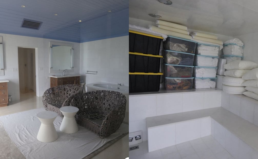 Estos son algunos de los cuartos que tiene la isla de Epstein. Destacan bañas, recámaras, lugares de baño y cajas con lo que parecen textiles.  (03/12/25) Foto: Redes sociales