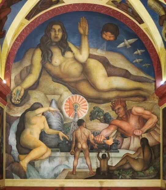 Mural "La familia humana", ubicado en Chapingo, donde Máximo Pacheco fue pintado desnudo y de espaldas por Diego Rivera. Tomado del libro “Los murales de Diego Rivera”, de Raquel Tibol.
