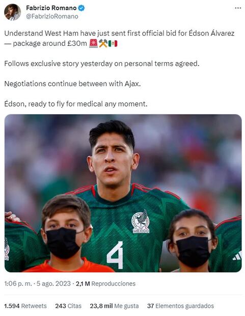 Tuit del periodista Fabrizio Romano