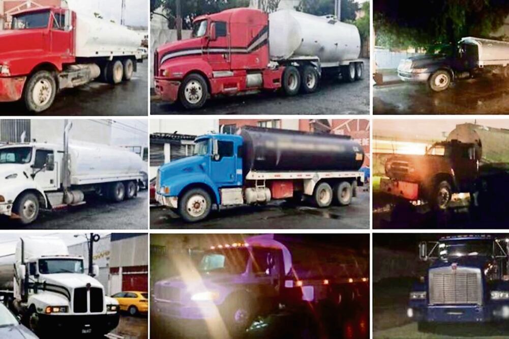 Entre los municipios de Tlalnepantla y Cuatitlán, Estado de México, fueron aseguradas nueve pipas con 149 mil litros de turbosina; en el sitio fueron detenidas nueve personas, presuntos responsables del robo de hidrocarburo. (ESPECIAL)