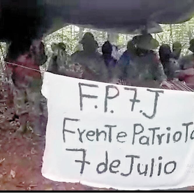 El supuesto líder del Frente Patriota 7 de Julio (FP7J), presunto grupo armado irregular de Costa Rica, en el centro, rodeado de su tropa. TOMADA DE VIDEO