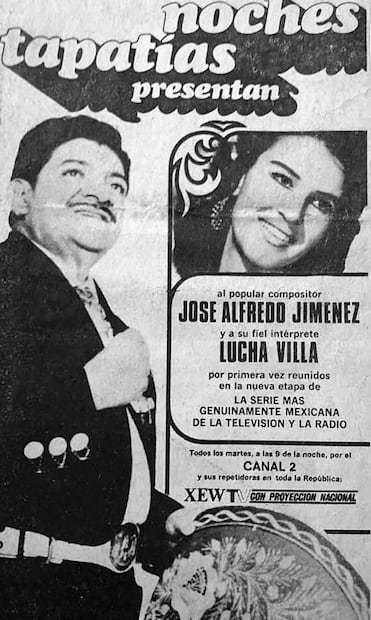 Anuncio promocional del programa "Noches tapatías", con José Alfredo Jiménez y Lucha Villa.