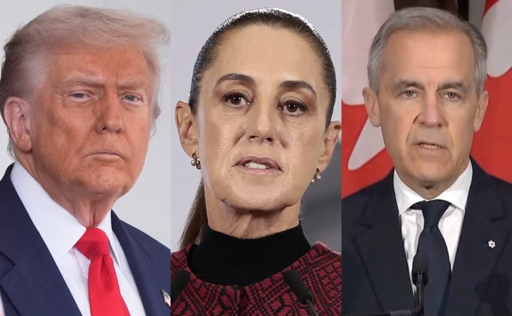 Los presidentes de Estados Unidos, Donald Trump, y de México, Claudia Sheinbaum, además del primer ministro de Canadá, Mark Carney. Foto: especial