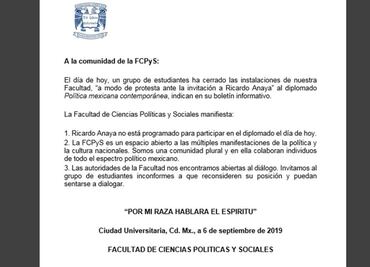Estudiantes cierran Facultad de Ciencias Políticas en protesta por el seminario de Ricardo Anaya