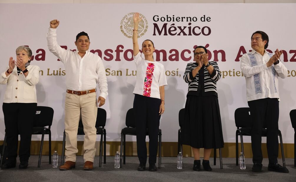 Presidenta Claudia Sheinbaum junto a a parte de su gabinete y el gobernador de San Luis Potosí (13/09/2025). Foto: Presidencia