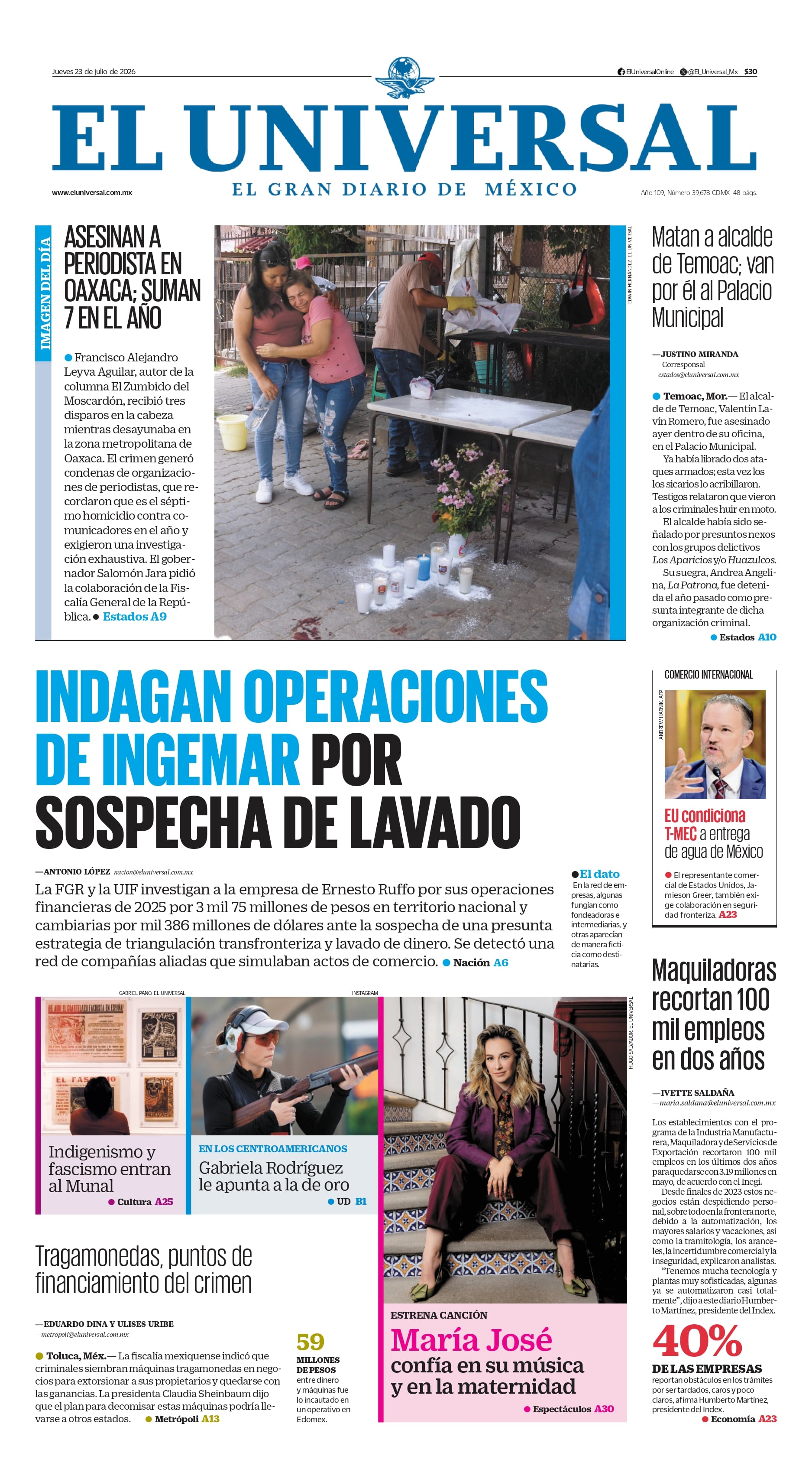 Portada impresa 23 de julio de 2026