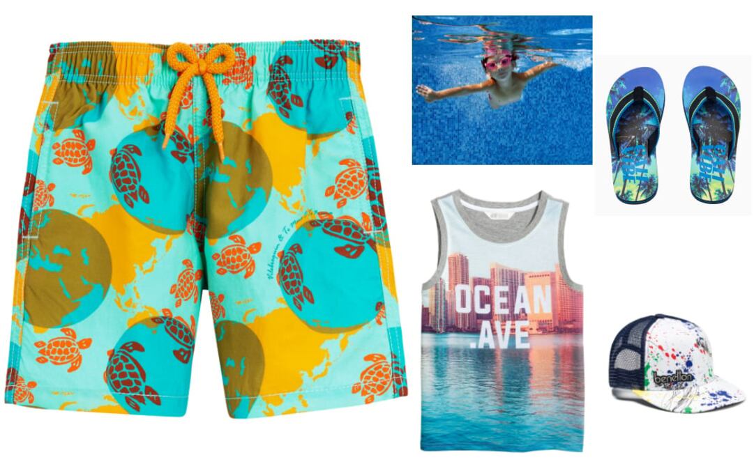 Los colores brillantes en los trajes de baño resisten mejor la radiación que las prendas oscuras. (Fotos: Traje de baño, Vilebrequin; Playera y sandalias, H&M; gorra, Benetton y Istock)