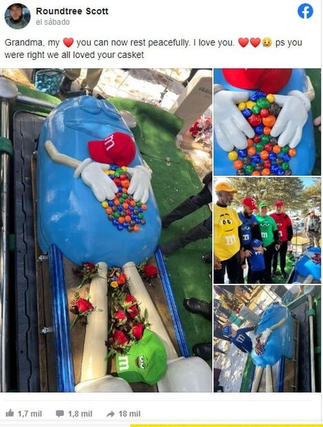 Entierran a abuelita con ataúd de M&M's: "tenías razón a todos nos encantó tu ataúd"