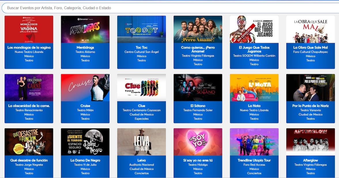 Puedes buscar el evento por artista, categoría, foro, ciudad o estado. Foto: Ticketmaster.com