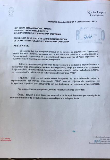 Renuncia única diputada del PRD en BC tras votar por ampliación de mandato de Bonilla