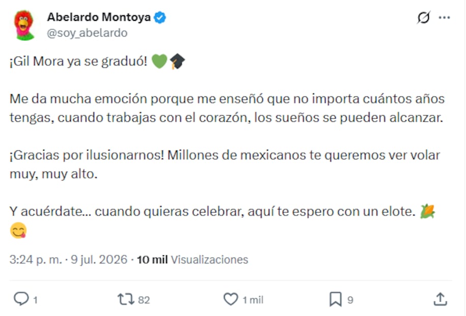 Abelardo de Plaza Sésamo envía emotivo mensaje al jugador Gilberto Mora en X. Foto: Captura de pantalla x