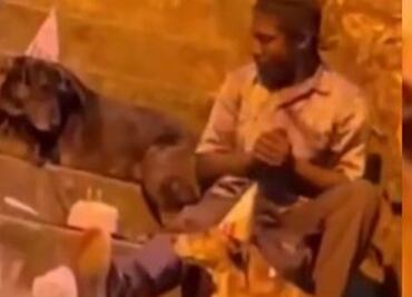 Con gorritos y pastel captan a persona en situación de calle celebrar el cumpleaños de sus perros