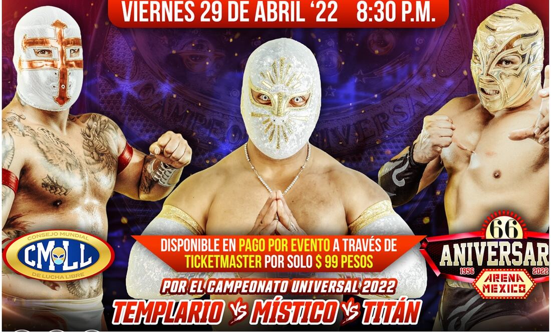 Místico, Templario y Titán buscan ser el Campeón Universal del CMLL / FOTO: Twitter: @CMLL_OFICIAL