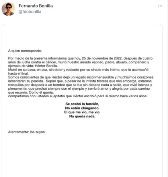 Lamentan la muerte de Héctor Bonilla en redes sociales