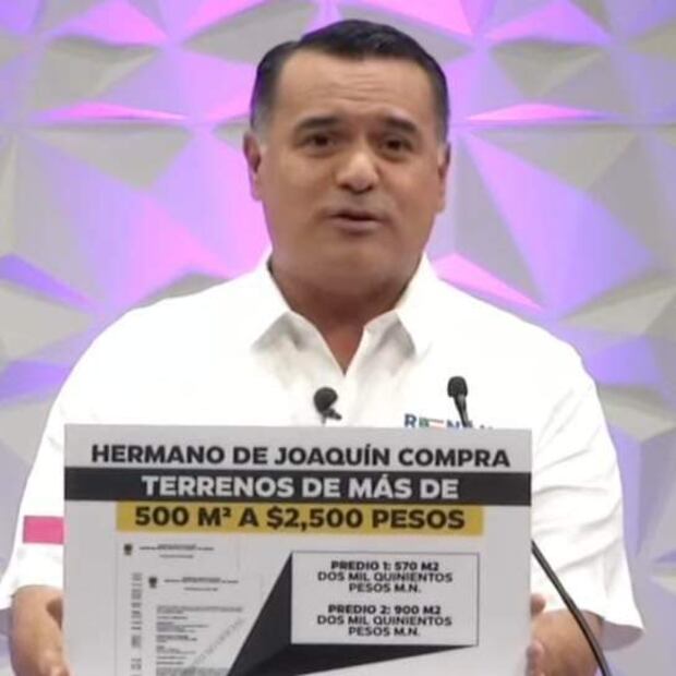 Renán Barrera Concha de la alianza PAN, PRI y PANAL, al gobierno del Estado, presentó datos de adquisiciones de predios de su adversario Joaquín Díaz Mena de Morena, PVEM y PT. Foto Especial.