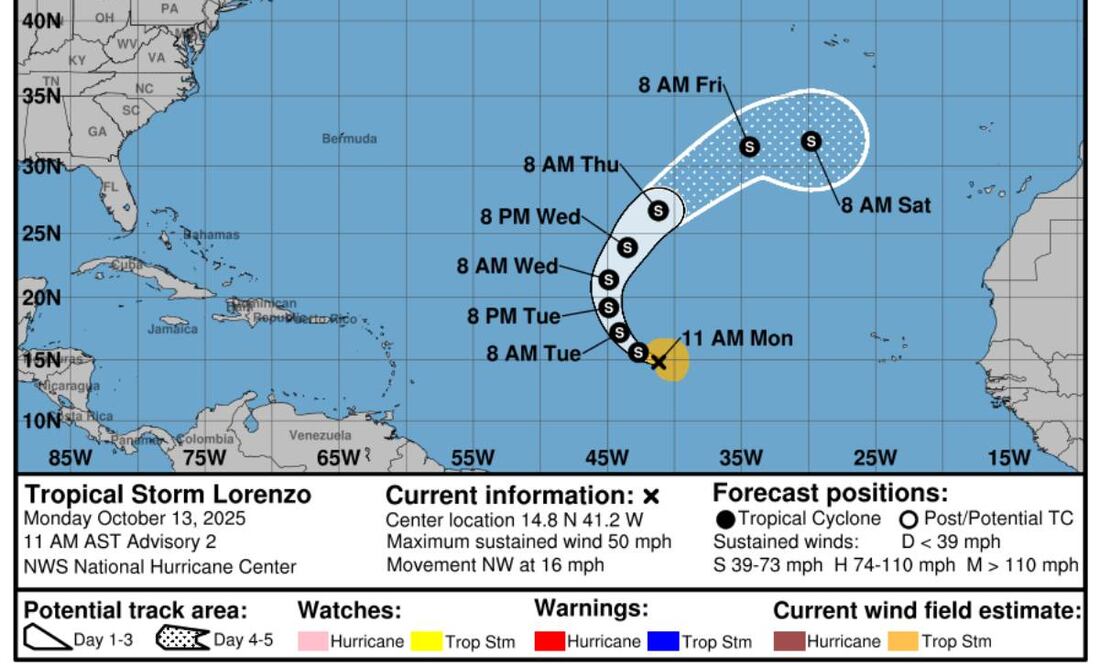 Tormenta tropical Lorenzo. (13/10/25) Foto: Centro Nacional de Huracanes
