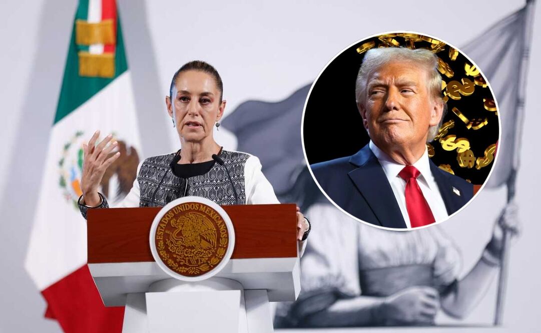 Claudia Sheinbaum, presidenta de México, durante la mañanera del 3 de abril del 2025 en Palacio Nacional. En el círculo: Donald Trump, presidente de EU. Foto: Diego Simón / EL UNIVERSAL y AP