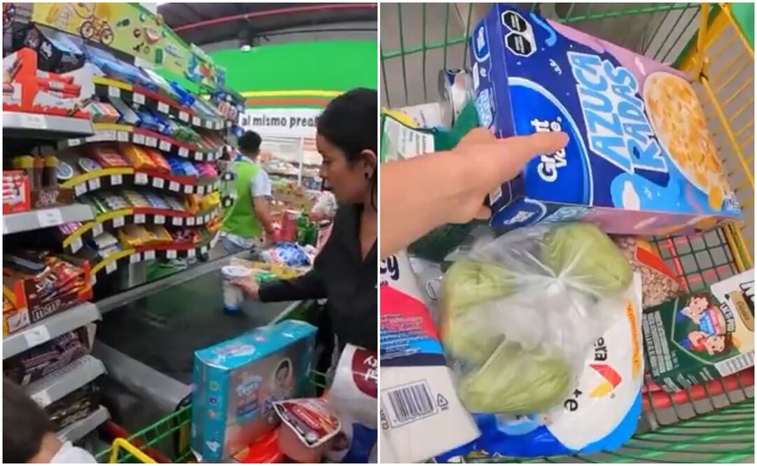 Familia presume despensa de 1,000 y 2,500 pesos en Aurerra. Foto: Captura de video