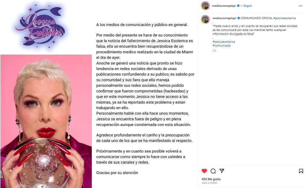 Comunicado sobre Jessica Esotérica. Foto: Instagram