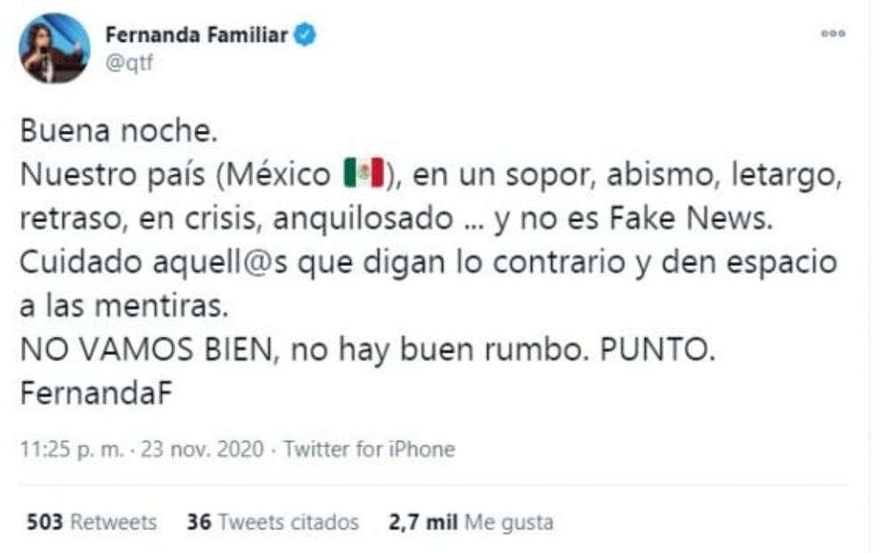 "No daré espacio a las mentiras de AMLO", dice Fernanda Familiar