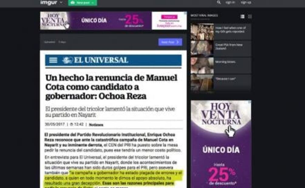 EL UNIVERSAL se deslinda de noticias falsas sobre Manuel Cota
