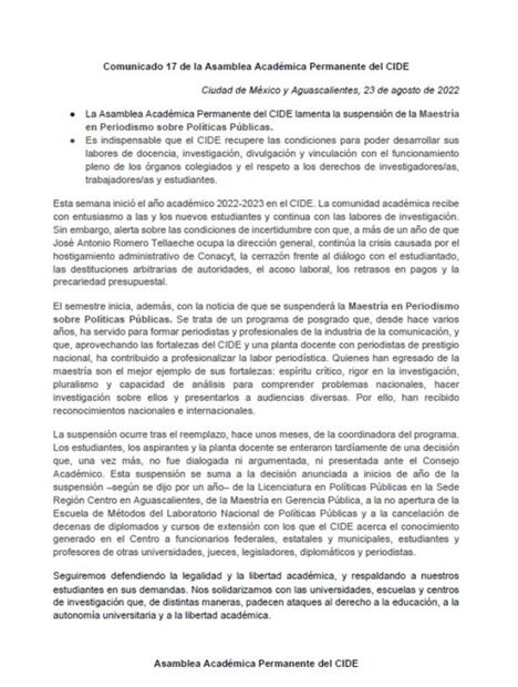 Asamblea Académica del CIDE lamenta suspensión de la Maestría en Periodismo: La comunidad fue notificada tardíamente