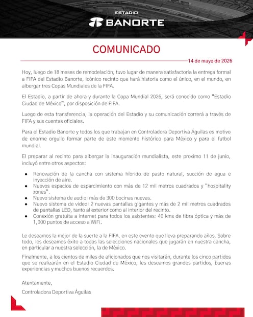 Comunicado del Estadio Banorte, rumbo al Mundial de 2026 - Foto: @EstadioBanorte en X