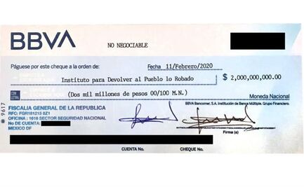 Gertz Manero entrega cheque por 2 mil mdp al Instituto para Devolver al Pueblo lo Robado