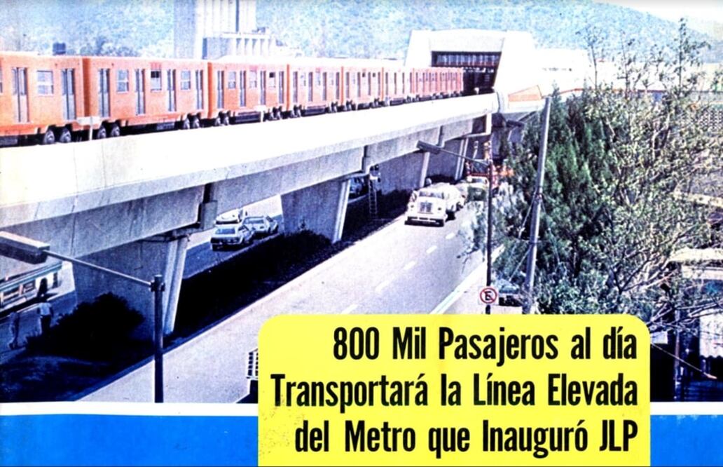 Folleto publicitario que anunciaba la entrega de la primera etapa de la Línea 4 del Metro, del 29 de agosto de 1981, y que hacía hincapié en que se trataba de una ruta elevada, algo sin precedentes en la historia del sistema de transportes capitalino en aquellos días. Crédito: Col. Villasana-Torres