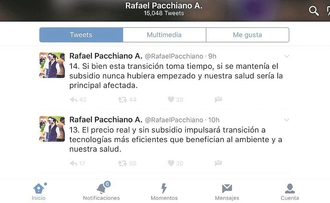 En su cuenta de Twitter, Rafael Pacchiano enlistó 14 razones por las cuales el incremento del combustible será benéfico para los mexicanos. (TWITTER)