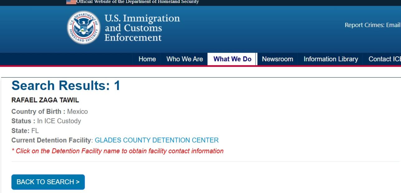 La ficha de la captura de Rafael Zaga Tawil, quien se encuentra bajo custodia del ICE. FOTO: ESPECIAL