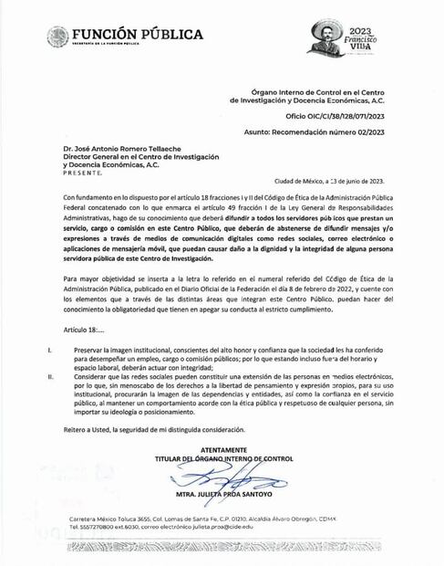 Comunicado del  13 de junio, firmado por la titular Julieta Proa Santoyo.
