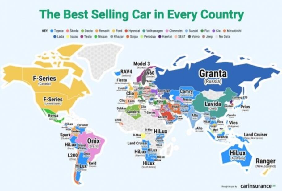 El mapa que muestra el auto favorito de cada país del mundo