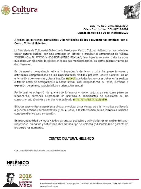Circular de cero tolerancia al acoso y hostigamiento de los Premios Nacionales de Dramaturgia 2026. Foto: https://convocatorias.cultura.gob.mx/